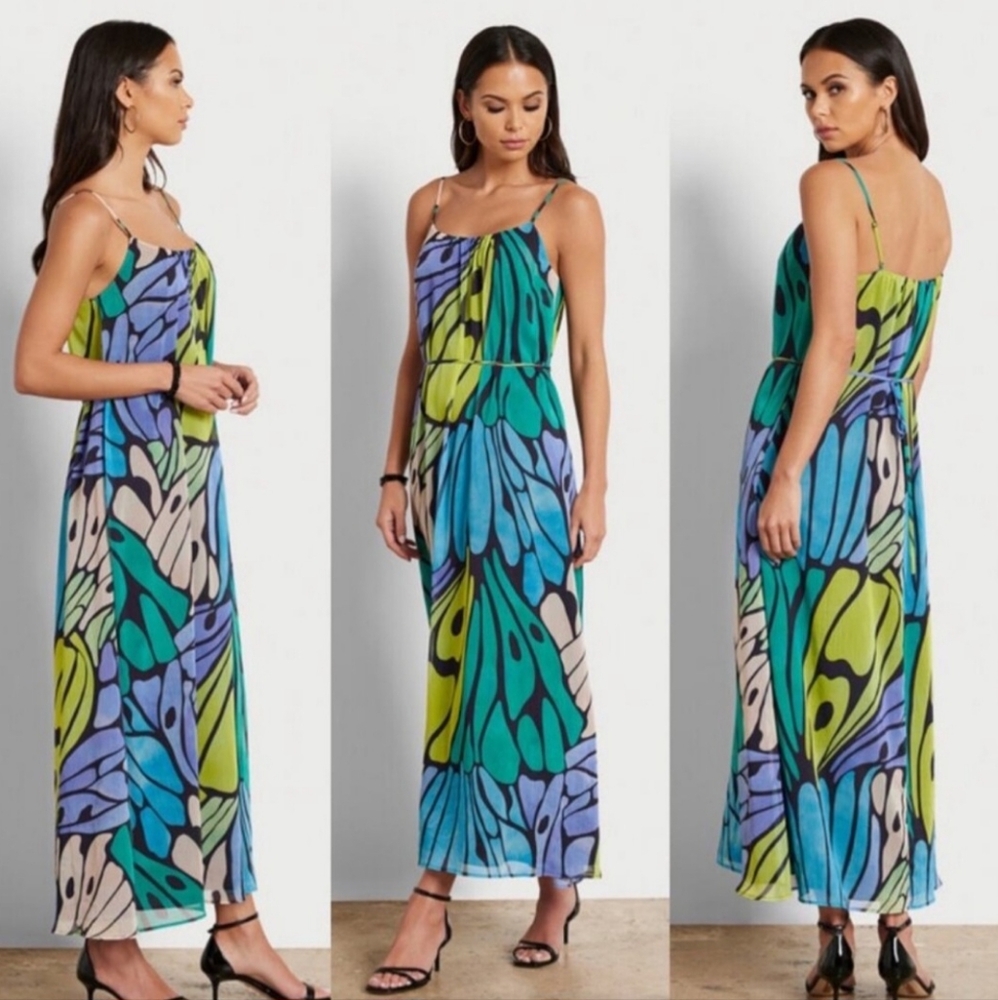 Sam Edelman Dress Butterfly Blue Green Multi Sleeveless Trapese Maxi Siz…